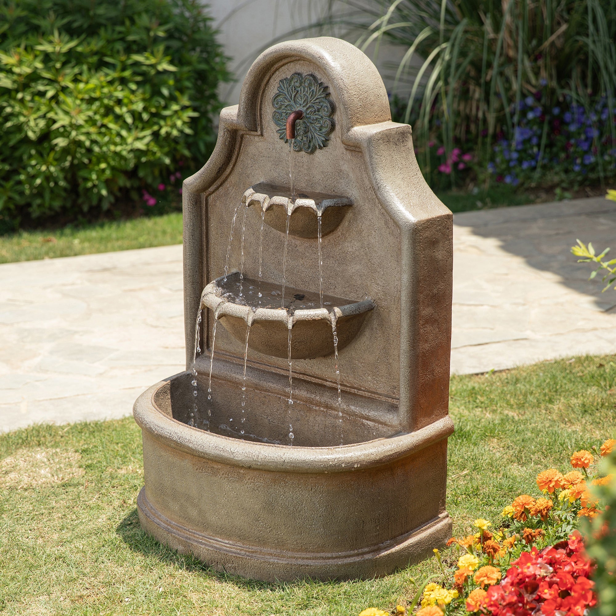  Glitzhome Antique European Style 3-Tier Outdoor Fountain with LED Light - Gray - Bonton