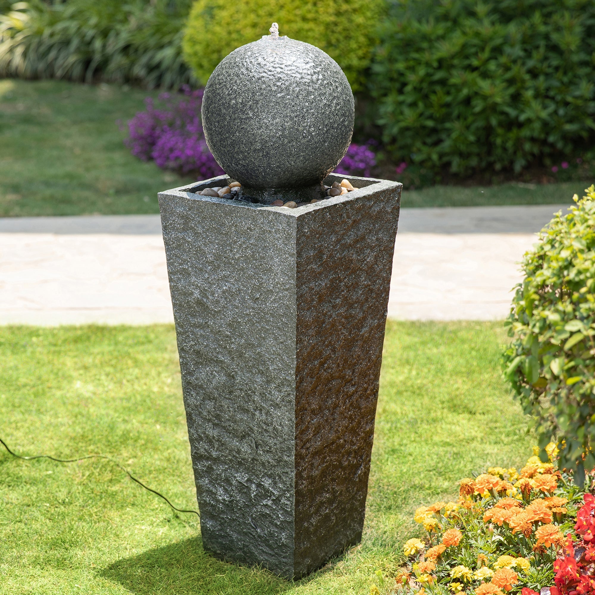  Glitzhome Modern Geometric Pedestal & Sphere Fountain with LED Light - Gray - Bonton