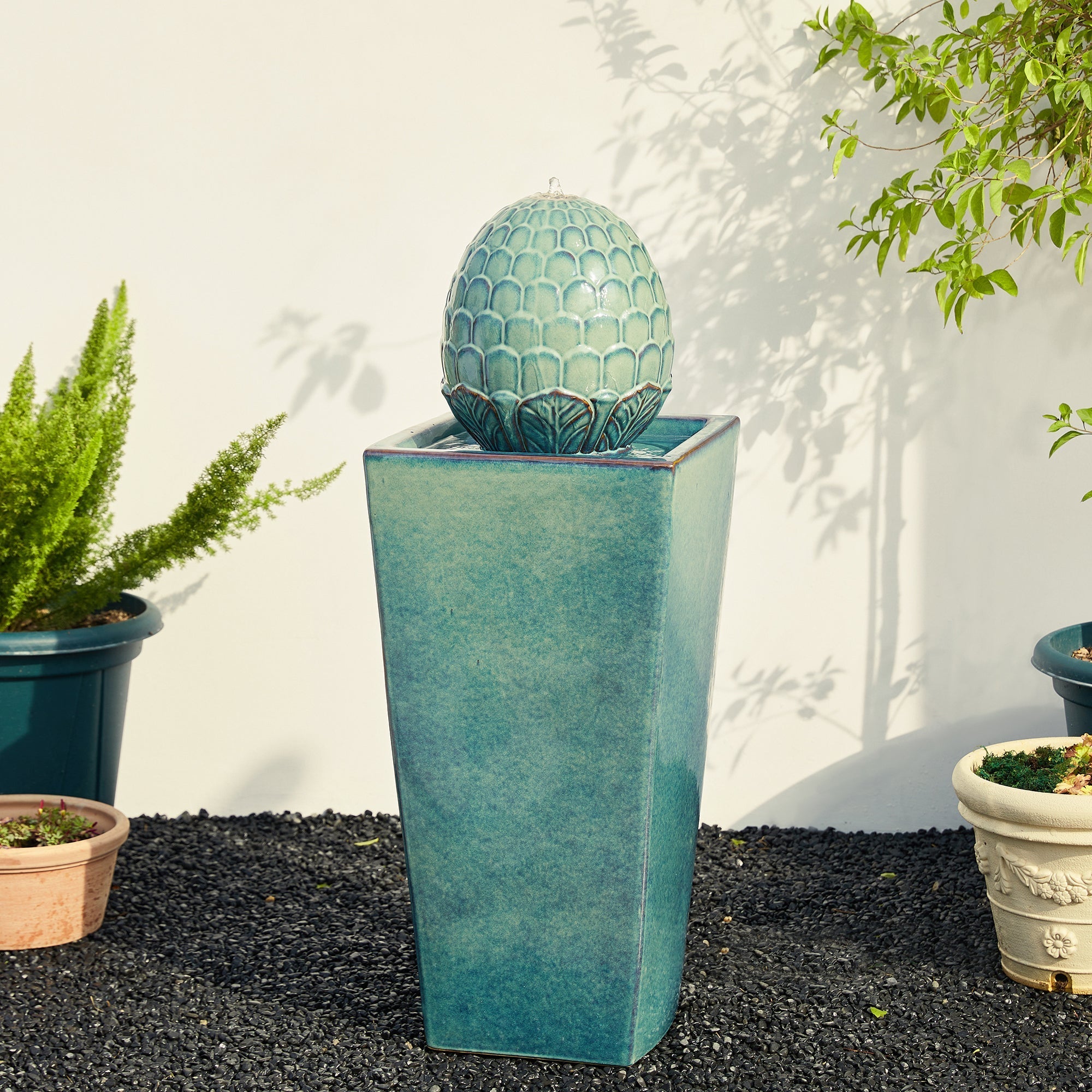  Glitzhome Oversized Artichoke Pedestal Ceramic Fountain with Light - Turquoise - Bonton