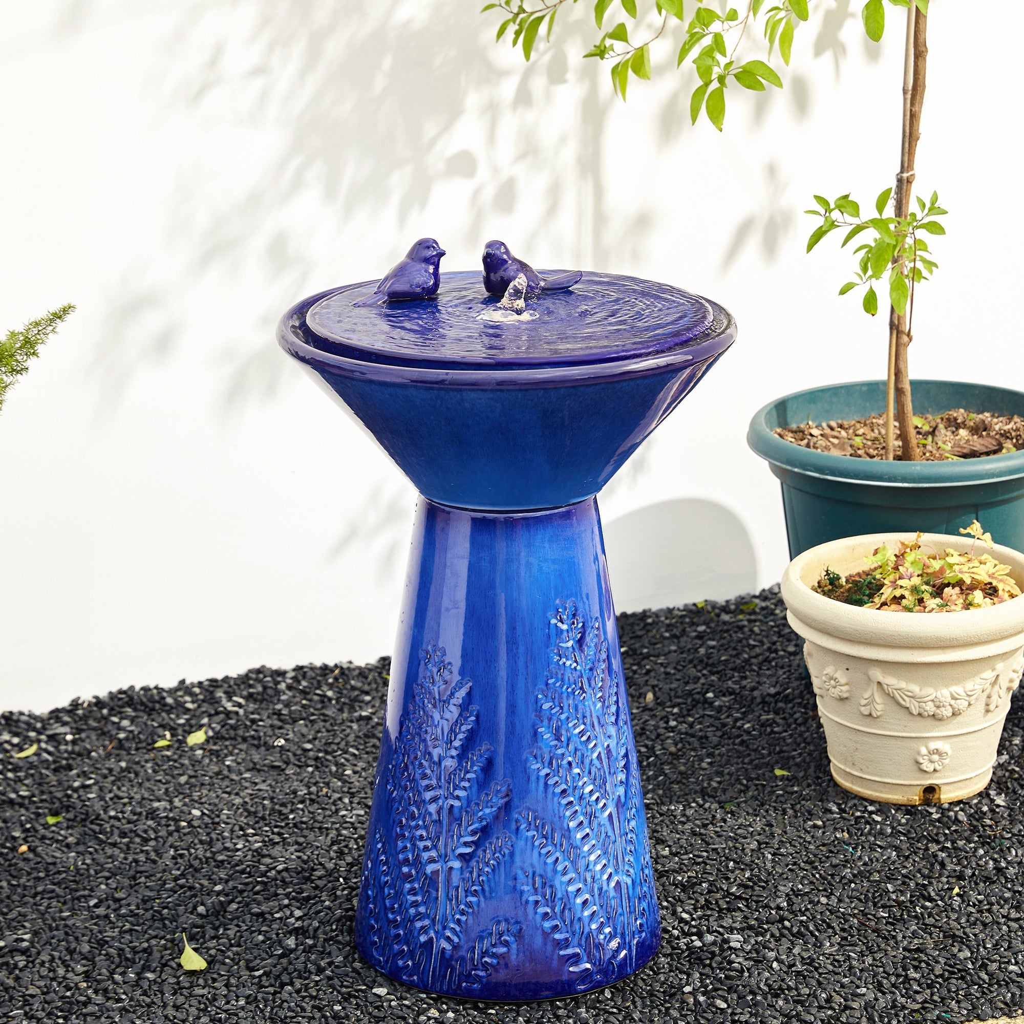  Glitzhome Cobalt Blue Birds Embossed Ceramic Fountain with LED Light - Blue - Bonton