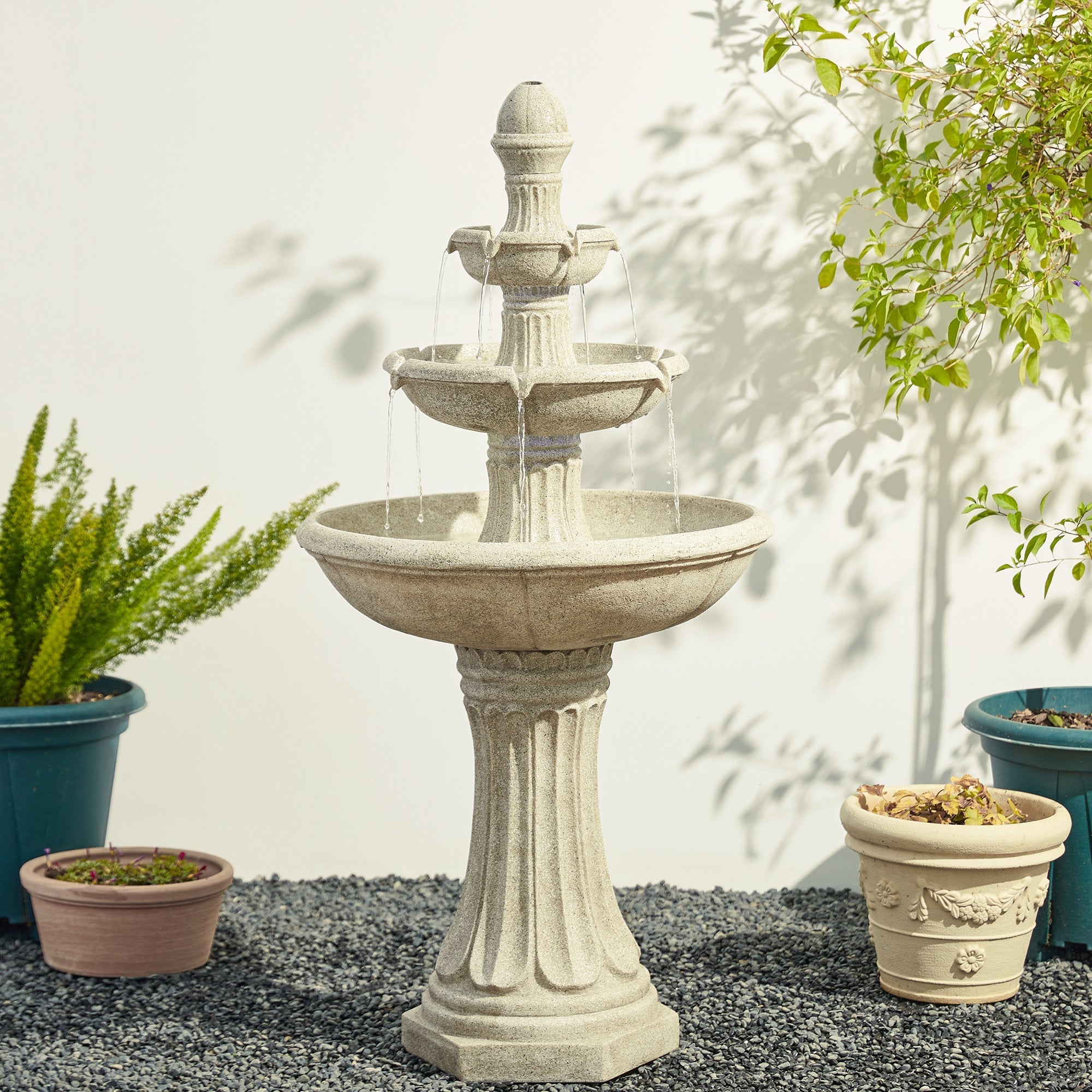  Glitzhome Beige Terrazzo 3-Tier Outdoor Fountain with Light - Beige - Bonton