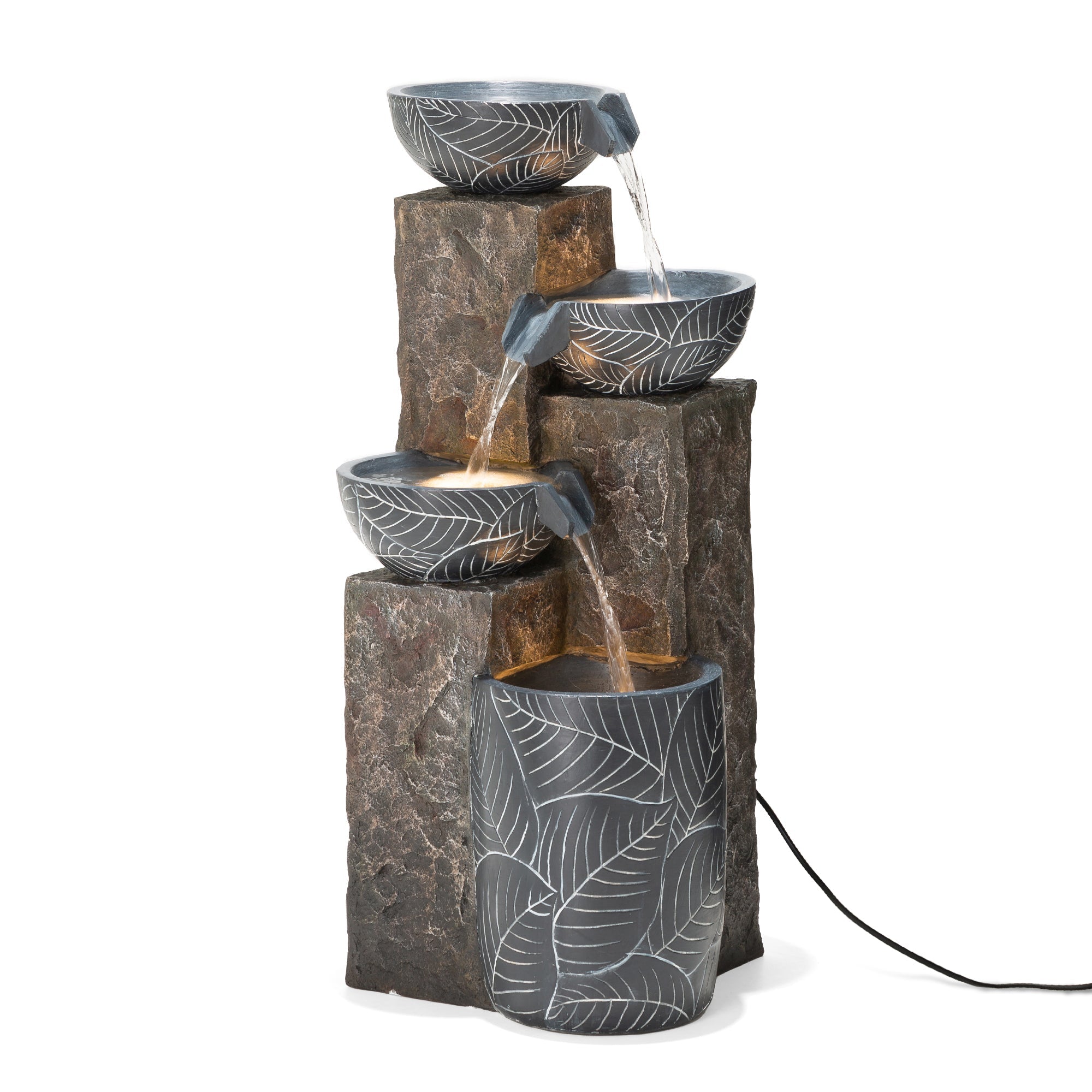  Glitzhome Natural Leaf Textured 4-Tier Outdoor Fountain with Light - Gray - Bonton