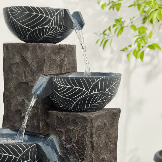 Natural Leaf Textured 4-Tier Outdoor Fountain with Light