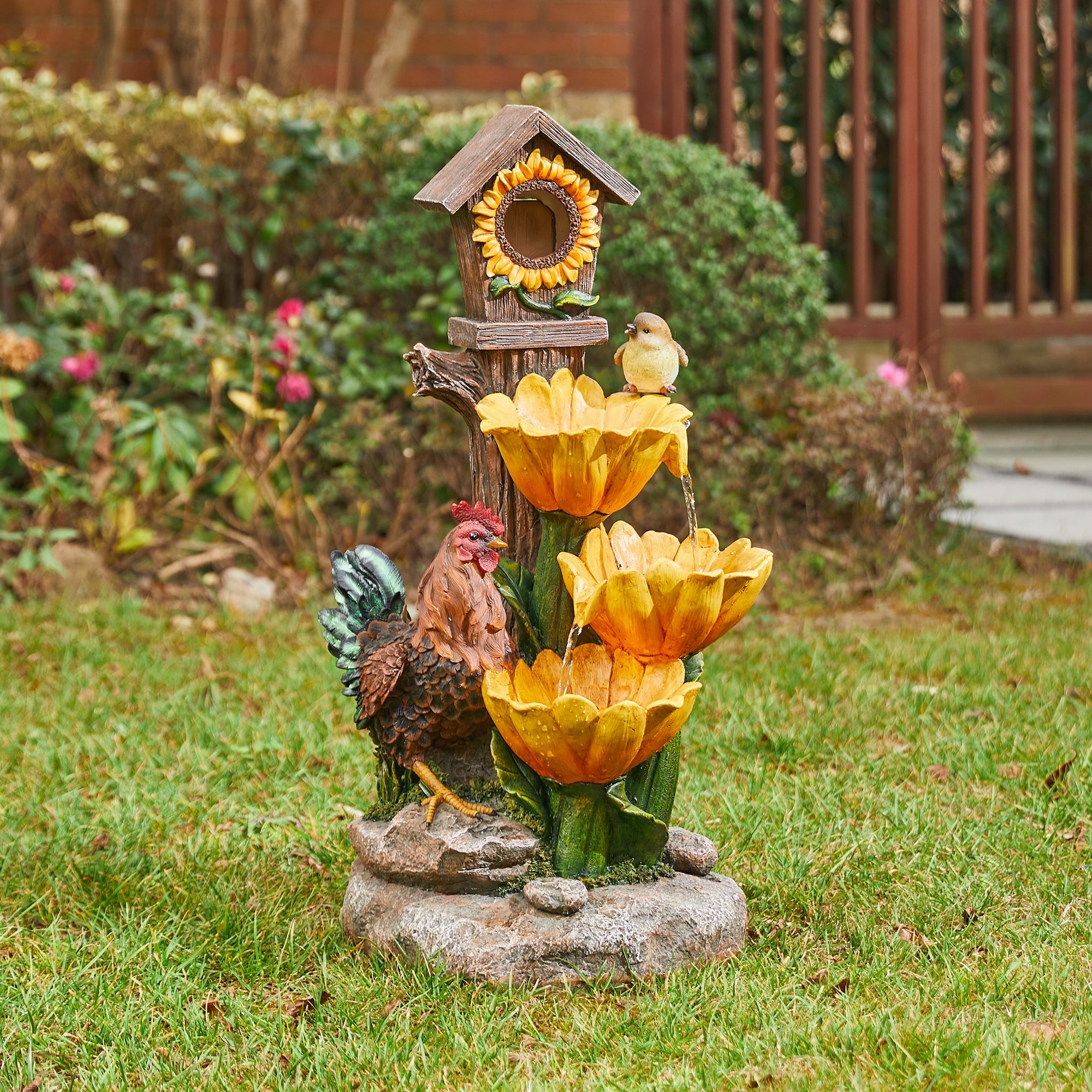  Glitzhome Farmhouse Sunflowers and Birdhouse Fountain with Light - Multi - Bonton