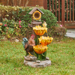 Farmhouse Sunflowers and Birdhouse Fountain with Light