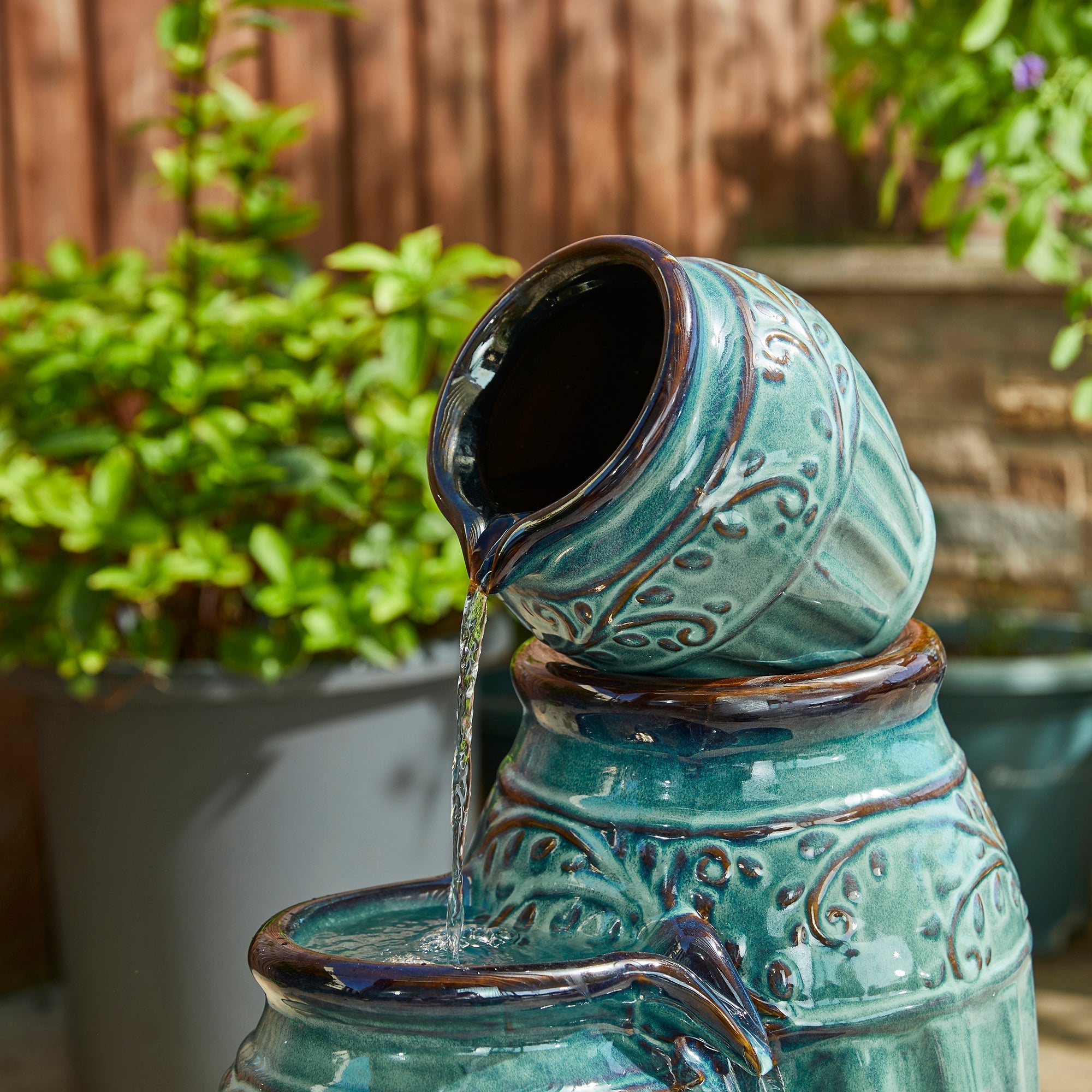  Glitzhome 4 Tier Embossed Ceramic Pots Fountain with LED Light - Blue - Bonton