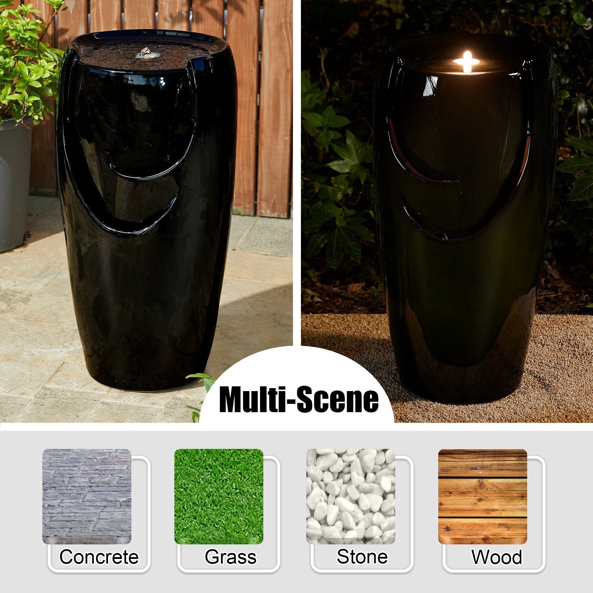  Glitzhome Oversized Ceramic Fountain with LED Light - Black - Bonton