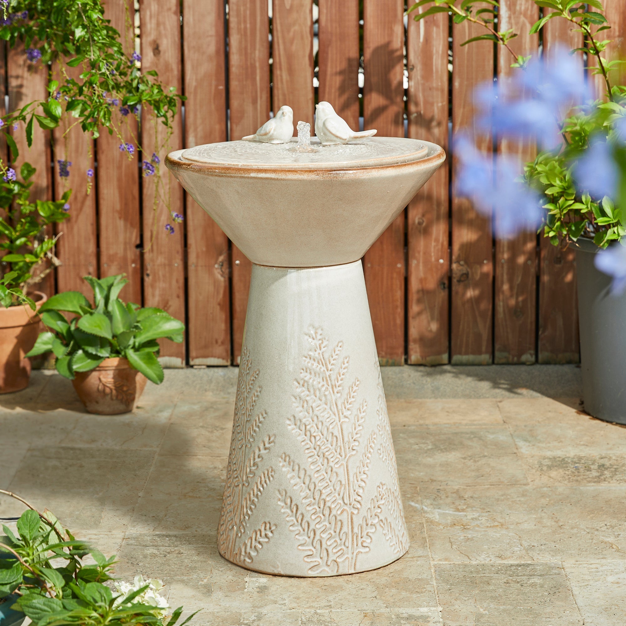  Glitzhome Beige Textured Pedestal Birdbath Ceramic Fountain with LED Light - Beige - Bonton