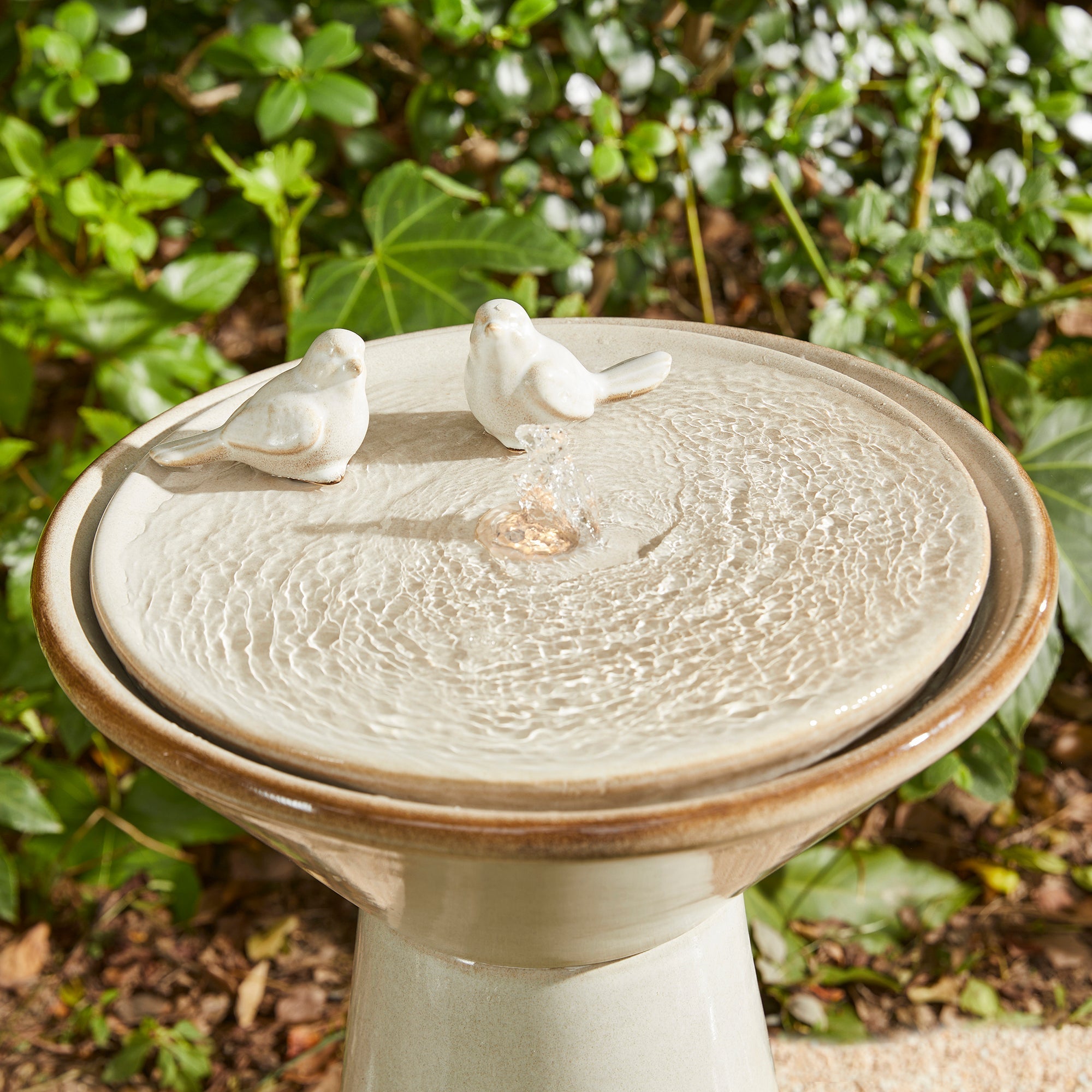  Glitzhome Beige Textured Pedestal Birdbath Ceramic Fountain with LED Light - Beige - Bonton