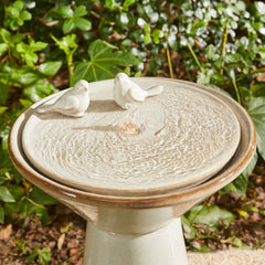 Beige Textured Pedestal Birdbath Ceramic Fountain with LED Light