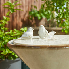 Beige Textured Pedestal Birdbath Ceramic Fountain with LED Light