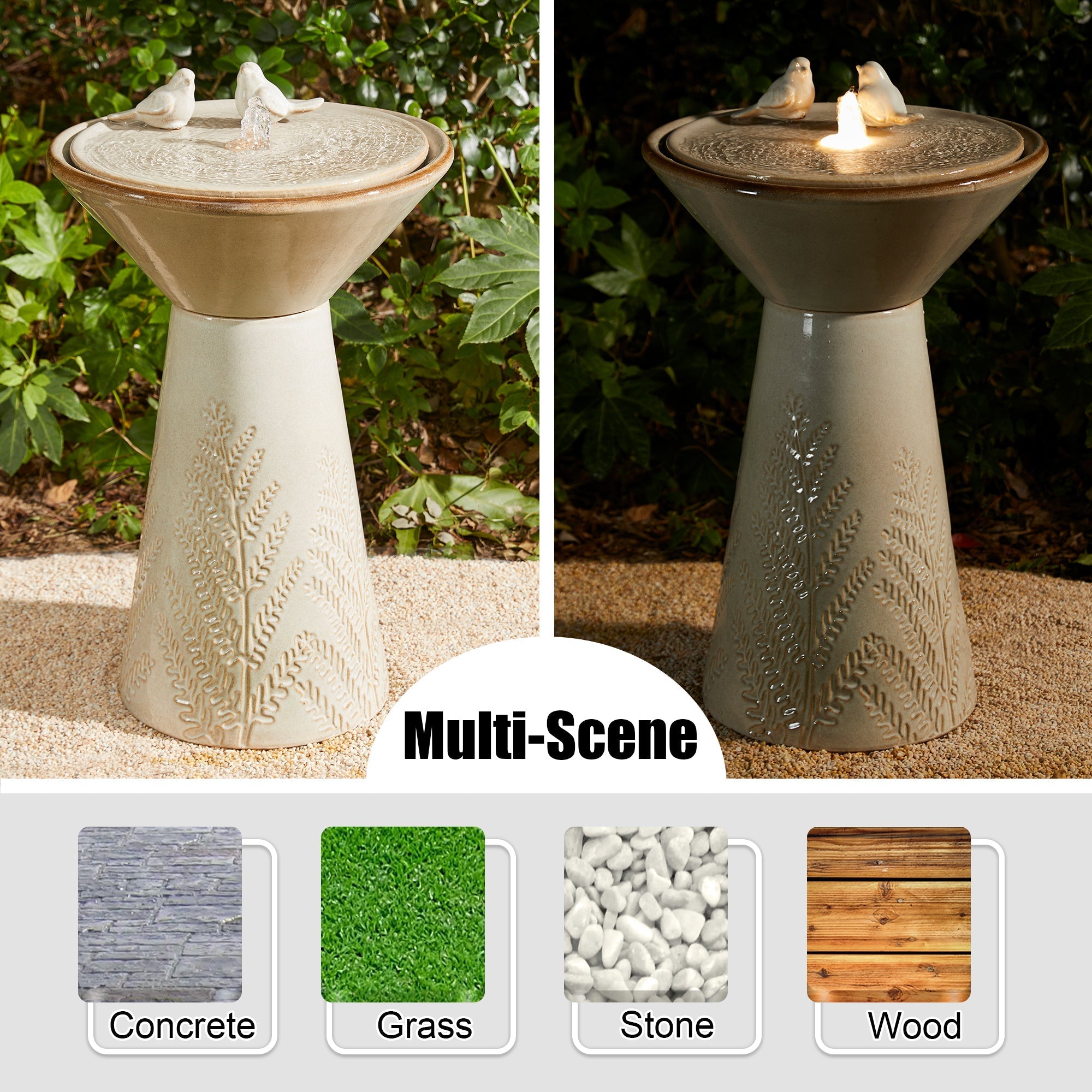  Glitzhome Beige Textured Pedestal Birdbath Ceramic Fountain with LED Light - Beige - Bonton