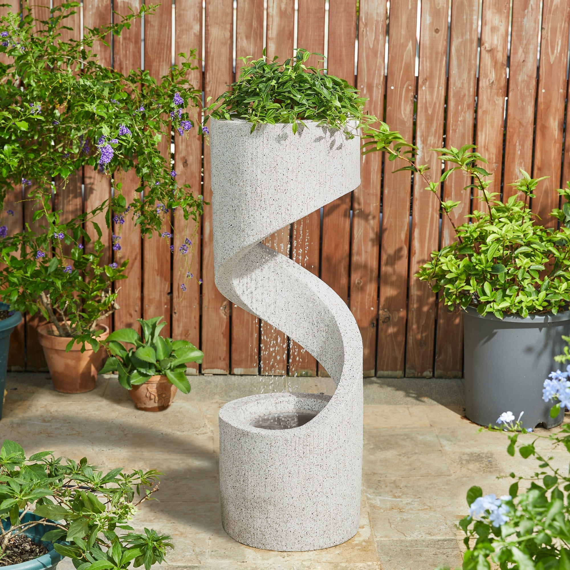  Glitzhome Mid Century Terrazzo Spiral Fountain with LED Light - Beige - Bonton