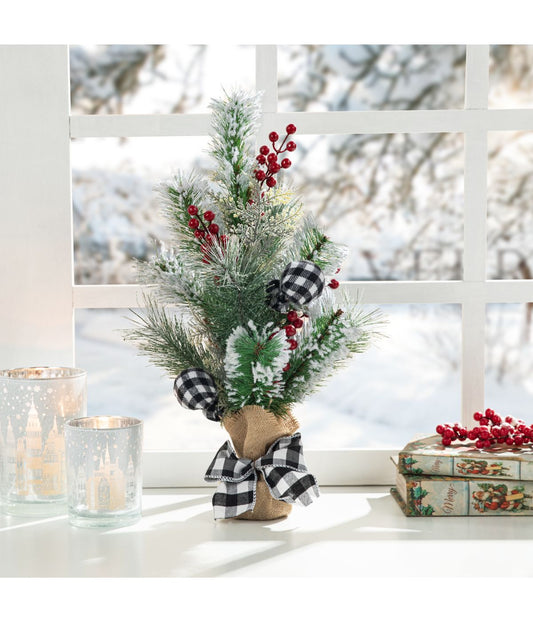 Flocked Pine And Berries Table Tree Green