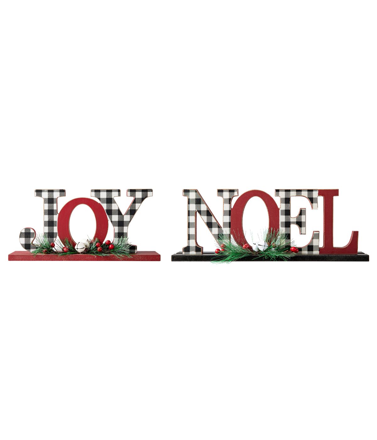  Glitzhome Set Of 2 Christmas Wooden Plaid Joy & Noel Table Decor Red - Red - Bonton