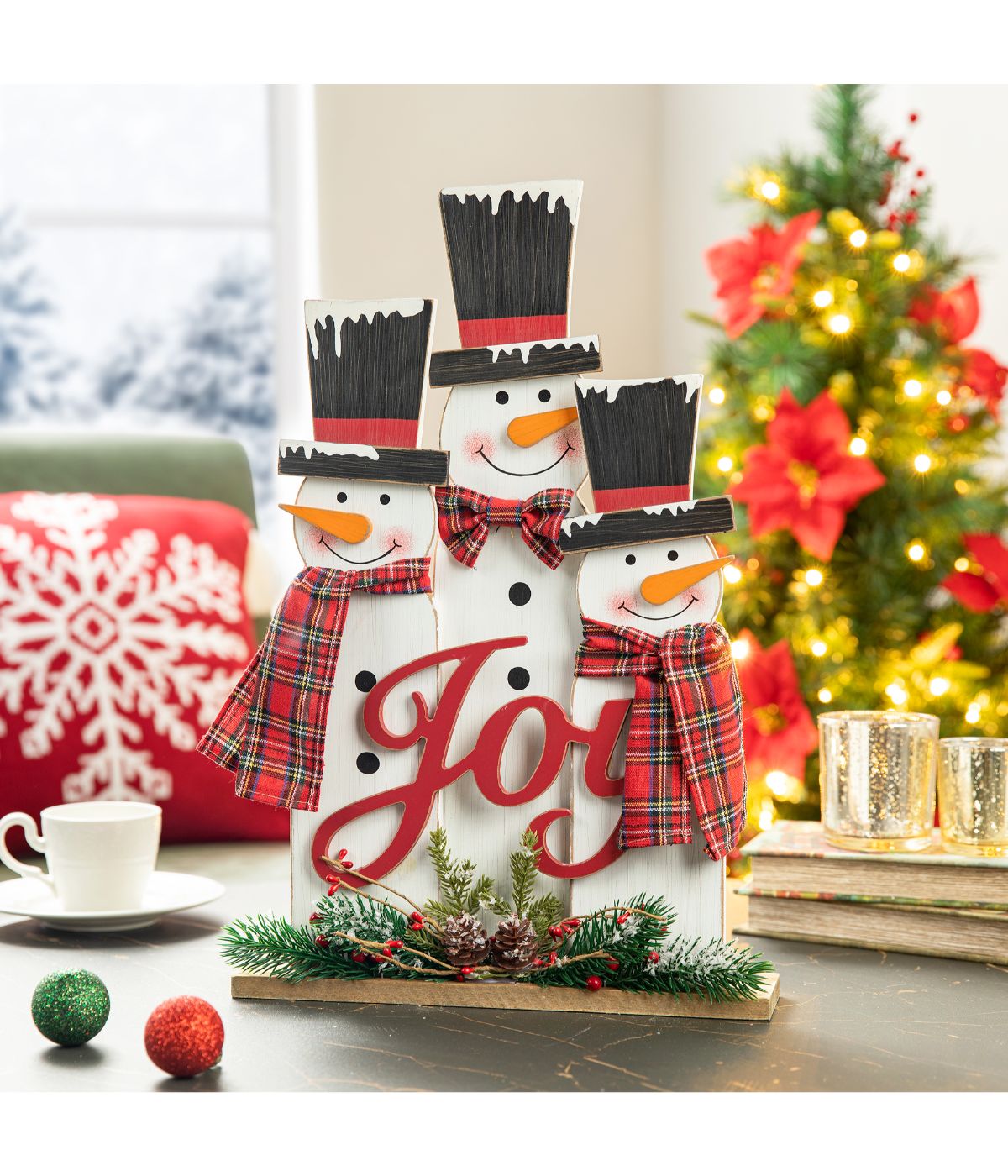  Glitzhome Wooden Snowman Family Table Decor Red - Red - Bonton