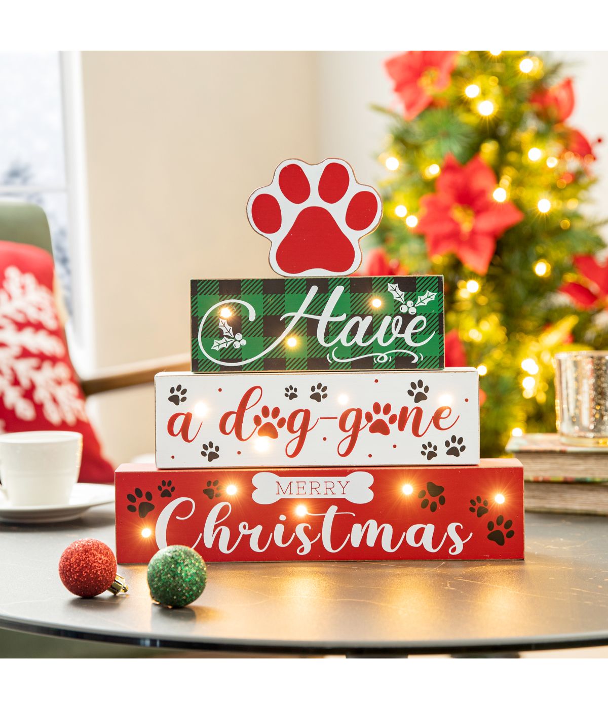  Glitzhome Lighted Wooden Pet Block Word Sign Red - Red - Bonton