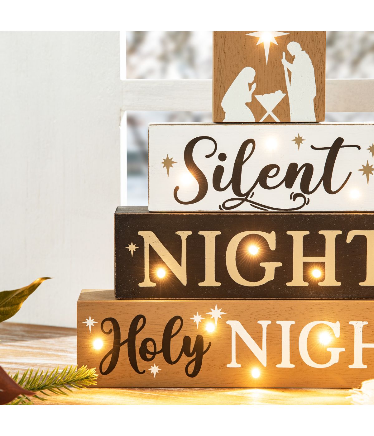  Glitzhome Lighted Wooden Nativity Block Word Sign Red - Red - Bonton