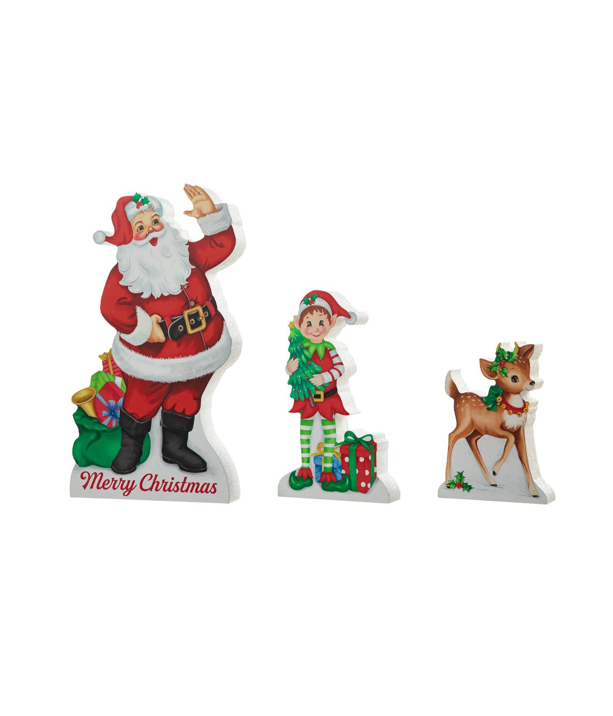  Glitzhome Set Of 3 Wooden Christmas Santa, Elf, Reindeer Table Decor Red - Red - Bonton