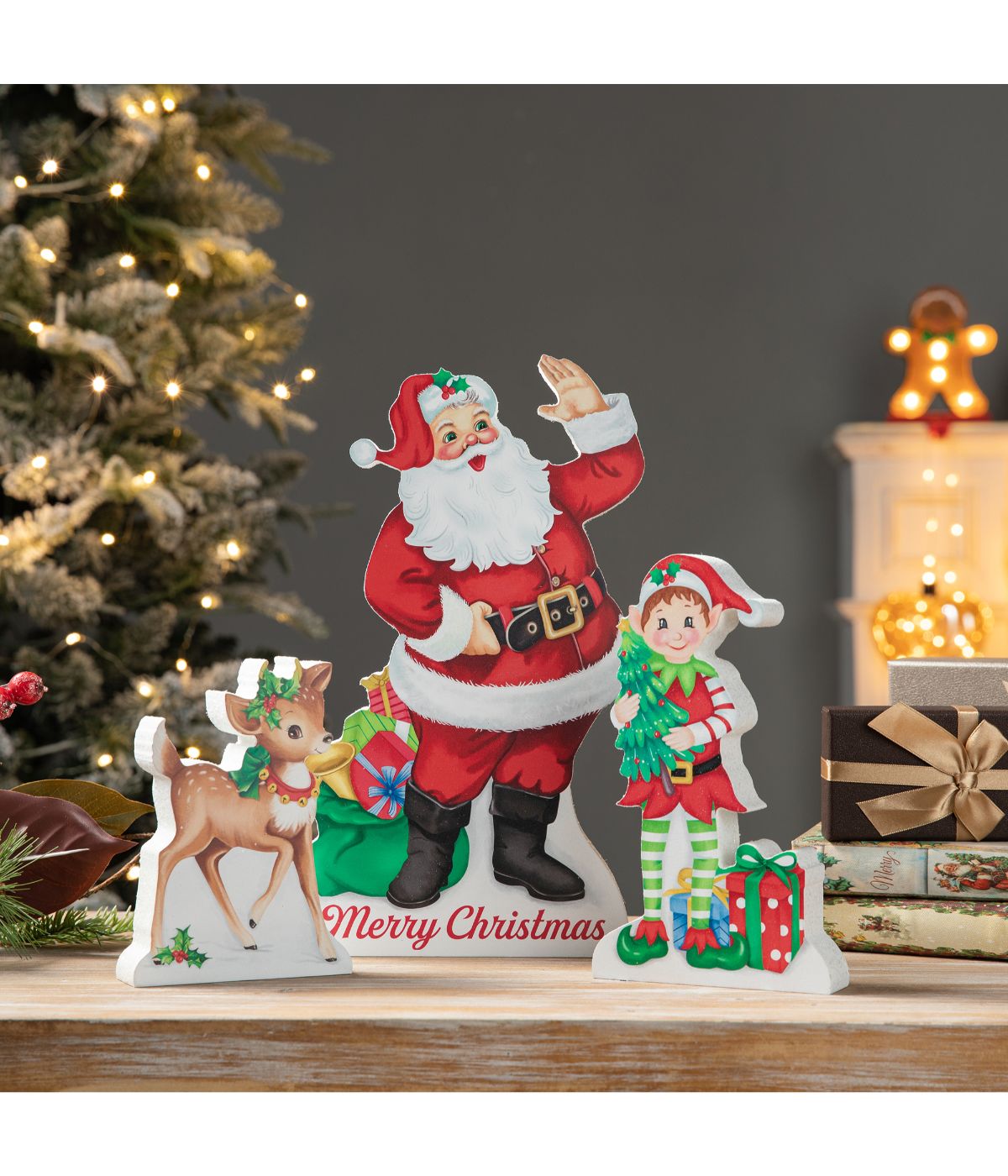  Glitzhome Set Of 3 Wooden Christmas Santa, Elf, Reindeer Table Decor Red - Red - Bonton