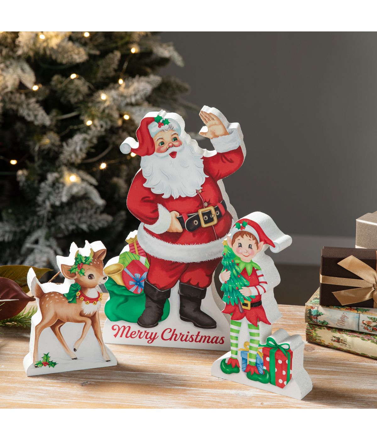  Glitzhome Set Of 3 Wooden Christmas Santa, Elf, Reindeer Table Decor Red - Red - Bonton