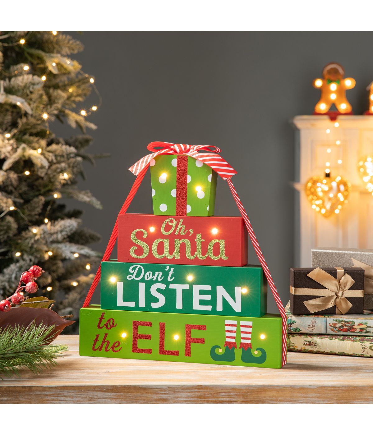  Glitzhome Lighted Wooden Christmas Gift Block Table Decor Green - Green - Bonton