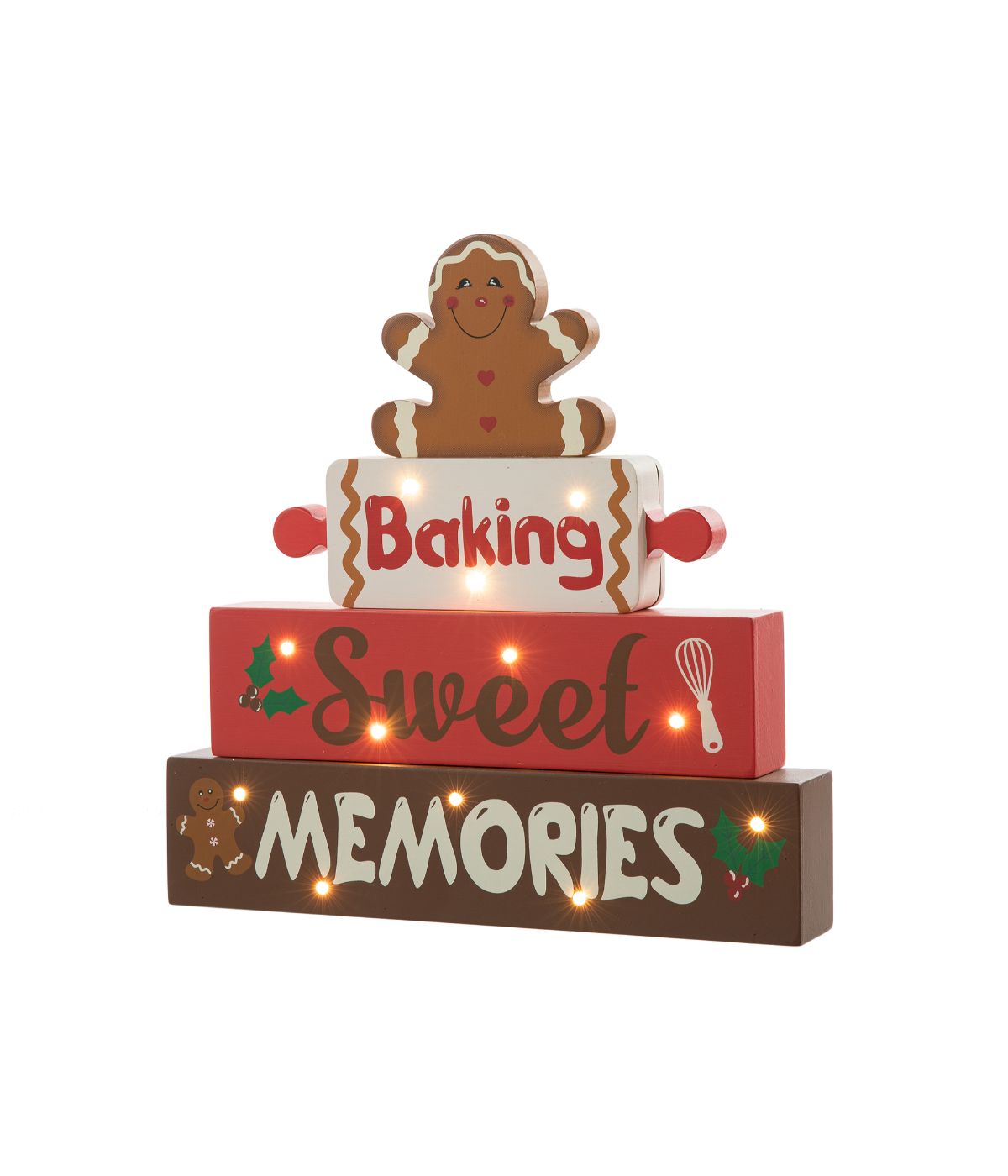  Glitzhome Lighted Wooden Christmas Gingerbread Man Block Table Decor Red - Red - Bonton