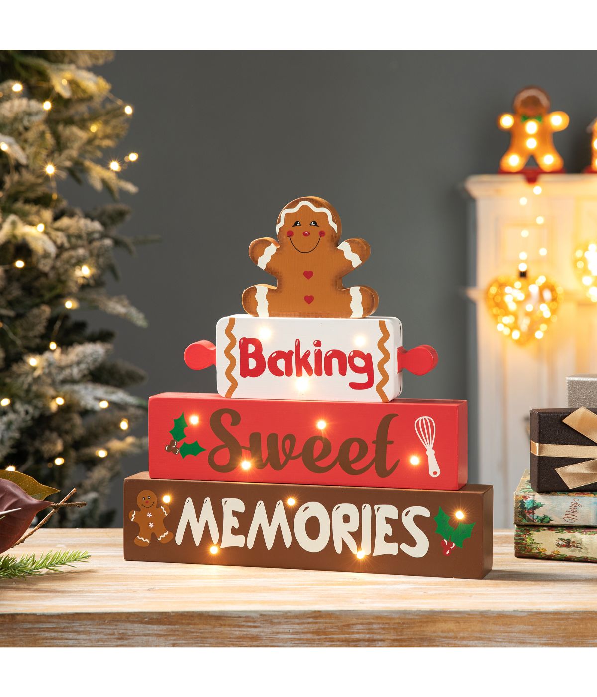  Glitzhome Lighted Wooden Christmas Gingerbread Man Block Table Decor Red - Red - Bonton