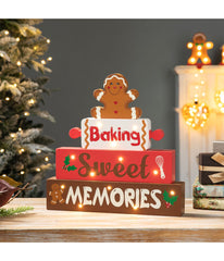 Lighted Wooden Christmas Gingerbread Man Block Table Decor Red