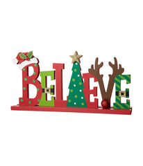 Wooden Christmas "Believe" Table Decor Red