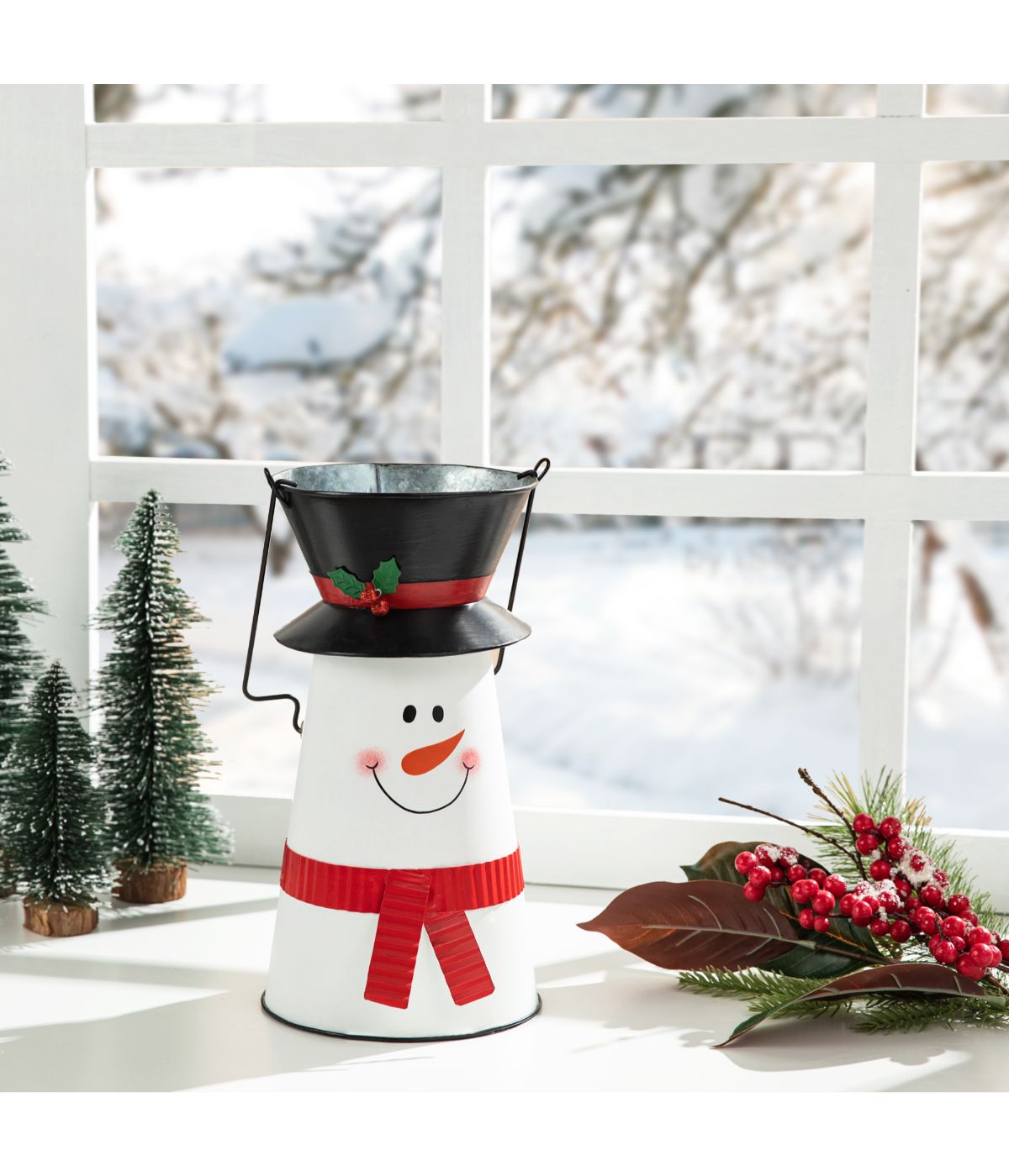  Glitzhome Metal Snowman Decorative Bucket White - White - Bonton