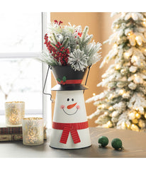 Metal Snowman Decorative Bucket White