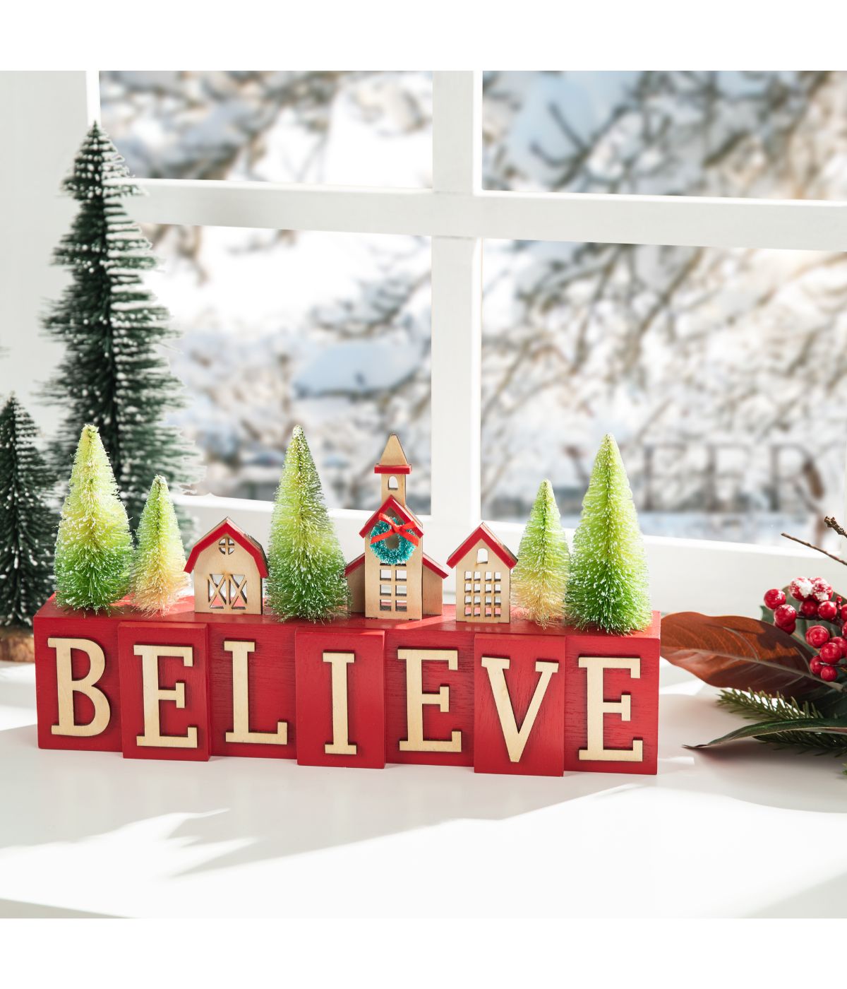  Glitzhome Christmas Wooden House/Brush Trees Table Decor Red - Red - Bonton