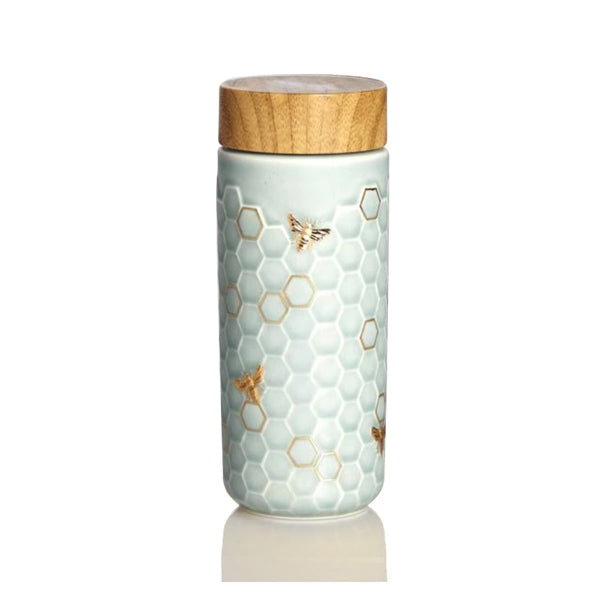  Acera Honey Bee Ceramic Travel Mug / Gold 12.3 Oz - Black and Hand-Painted Gold Bees - Bonton