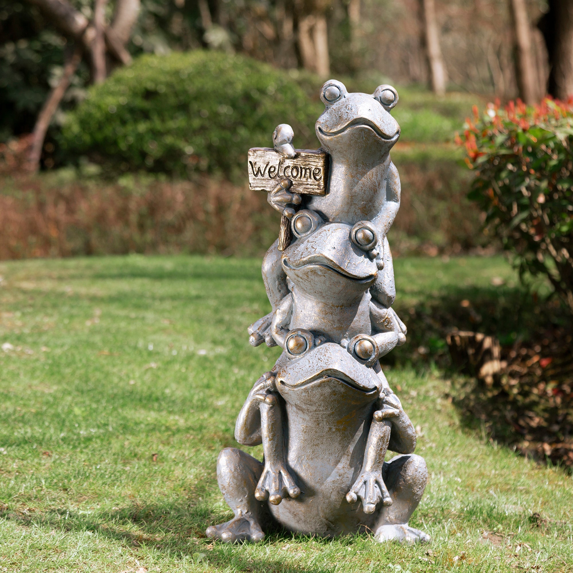  Glitzhome Bronze Stacked Frog Statue - Gray - Bonton