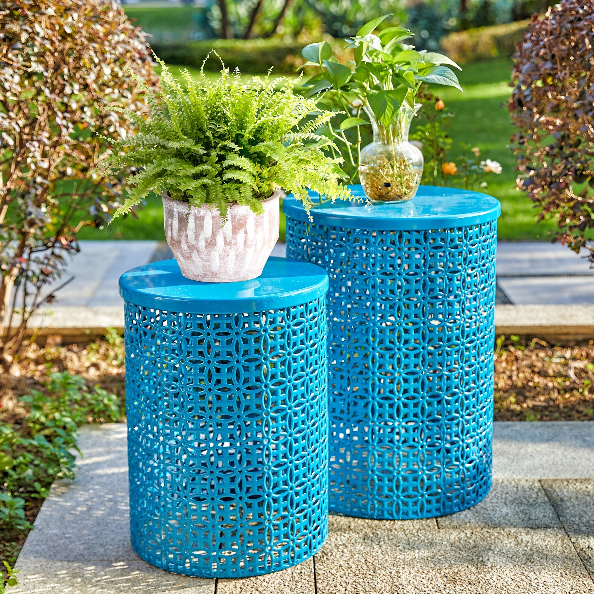  Glitzhome Set of 2 Multi-functional Metal Garden Stools - Black - Bonton