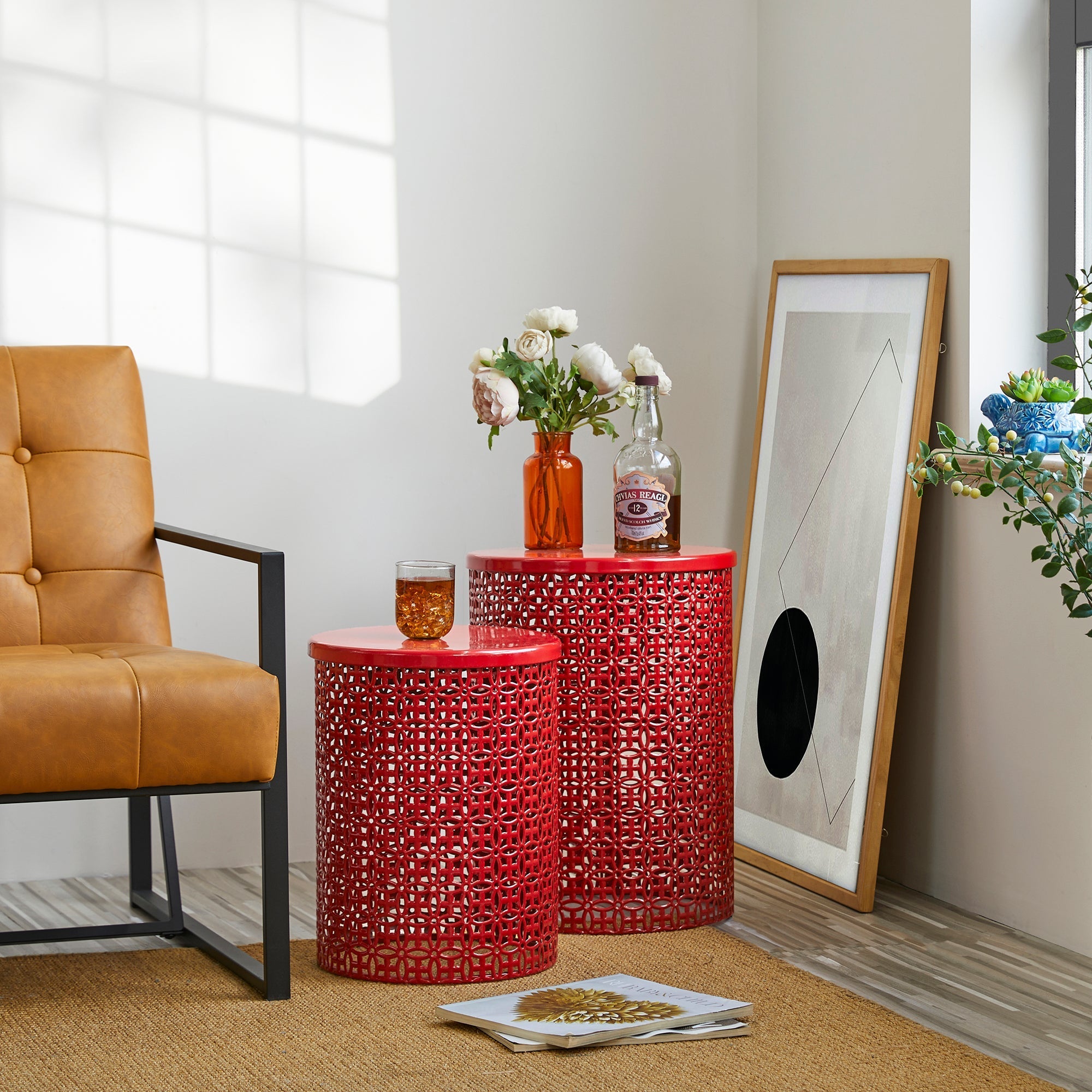  Glitzhome Set of 2 Multi-functional Metal Garden Stools - Red - Bonton