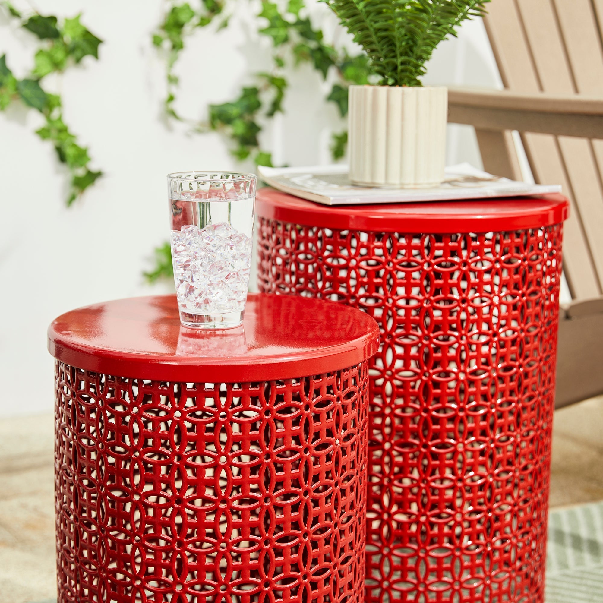  Glitzhome Set of 2 Multi-functional Metal Garden Stools - Red - Bonton