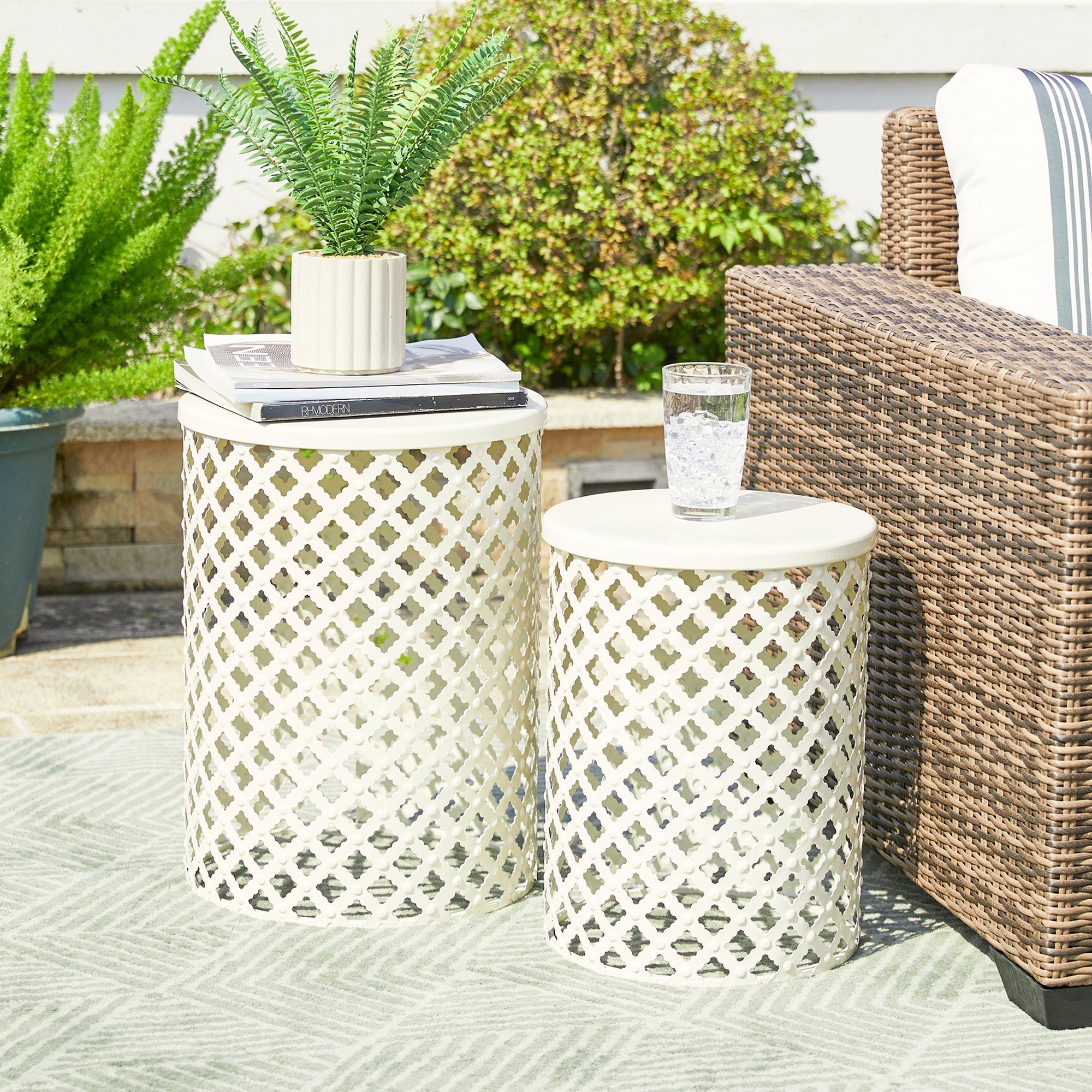  Glitzhome Set of 2 Multi-functional Metal Trellis Garden Stools - Pearl White - Bonton