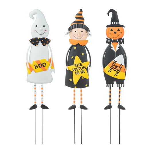 24"H Set of 3 Halloween Metal Ghost, Witch & Pumpkin Yard Stake or Hanging Decor (KD, Two function)