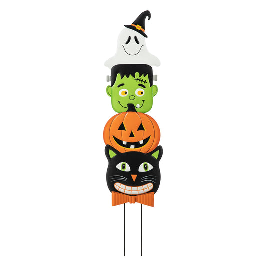 42.5"H Halloween Metal Stacked Ghost, Frankenstein, Black Cat & Pumpkin Yard Stake or Hanging Decor (KD, Two function)