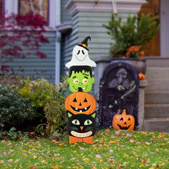 42.5"H Halloween Metal Stacked Ghost, Frankenstein, Black Cat & Pumpkin Yard Stake or Hanging Decor (KD, Two function)