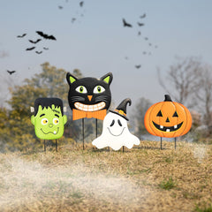 42.5"H Halloween Metal Stacked Ghost, Frankenstein, Black Cat & Pumpkin Yard Stake or Hanging Decor (KD, Two function)