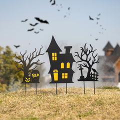 24"H Set of 3 Halloween Metal Silhouette Haunted House and Ghost Tree Yard Stake or Hanging Decor (KD, Two function)