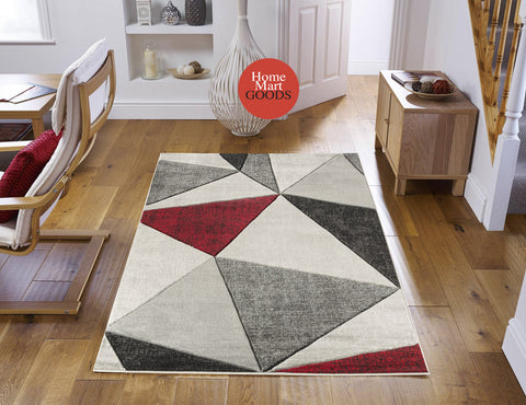 Red Silver Grey Geometric Triangles Hand-Carved Soft Living Room Area Rug by Homemartgoods