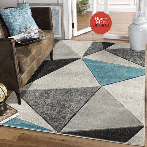 Turquoise Silver Geometric Triangles Hand-Carved Soft Living Room Area Rug by Homemartgoods