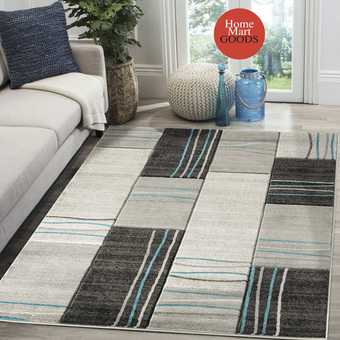 Silver Grey Turquoise Geometric Rectangles Hand-Carved Soft Living Room Area Rug by Homemartgoods