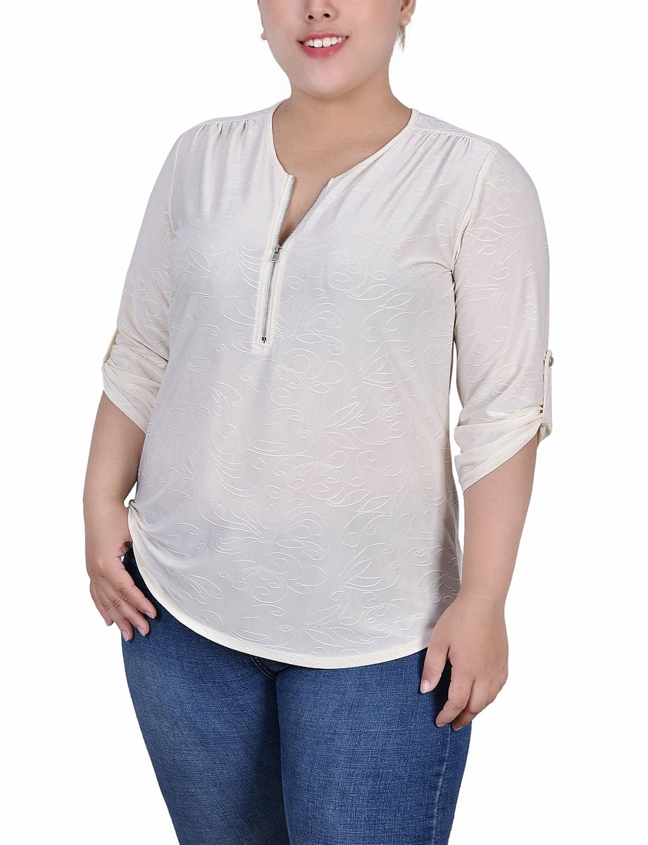  NY Collection Plus Size 3/4 Roll Tab Zip Front Jacquard Knit Top - Pristine - Bonton