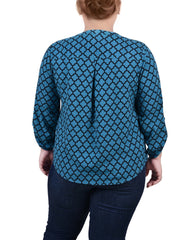 Plus Size 3/4 Roll Tab Sleeve Y-Neck Blouse