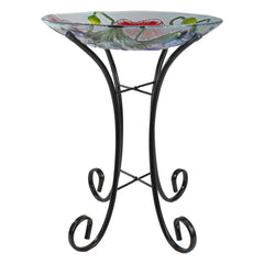 21" Butterfly and Carnations Hand Painted Glass Outdoor Birdbath